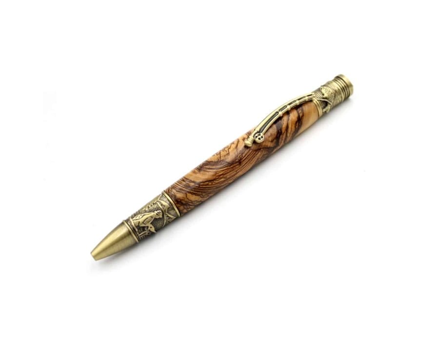 Handcrafted Bethlehem Olivewood Fly Fishing Twist Pen w/ Antique Brass #PE128