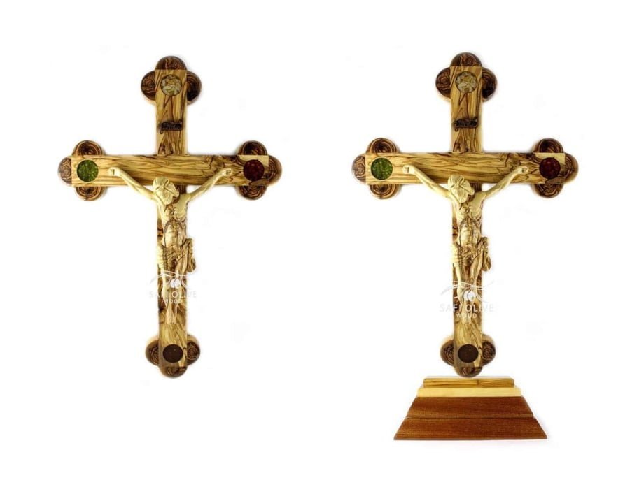 Ortodoksinen oliivipuun krusifiksi, jossa on elementtejä (54,5 cm ) #CR162