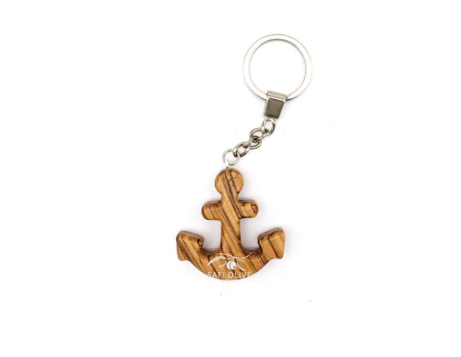Hand Carved Olive Wood Anchor Keyring #KE115